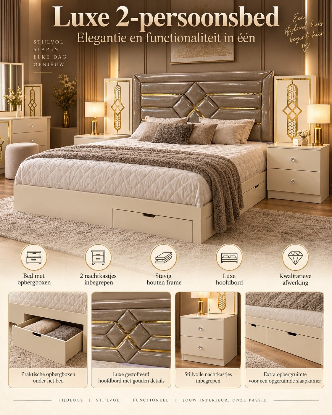 Complete Slaapkamer Set - Luxe met Gouden Details, Ophalen of Verzenden, Nieuw, Tweepersoons