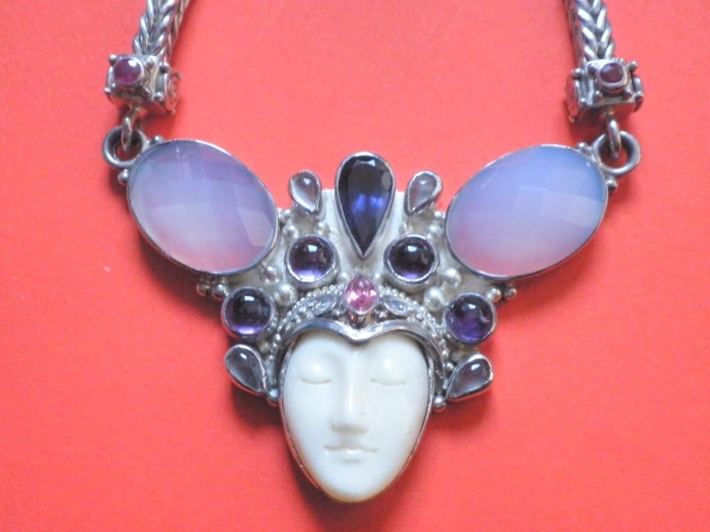 Prachtig Zwaar Zilveren Collier met Chalcedoon-Amethist-Robi, Sieraden, Tassen en Uiterlijk, Antieke sieraden, Verzenden, Zilver