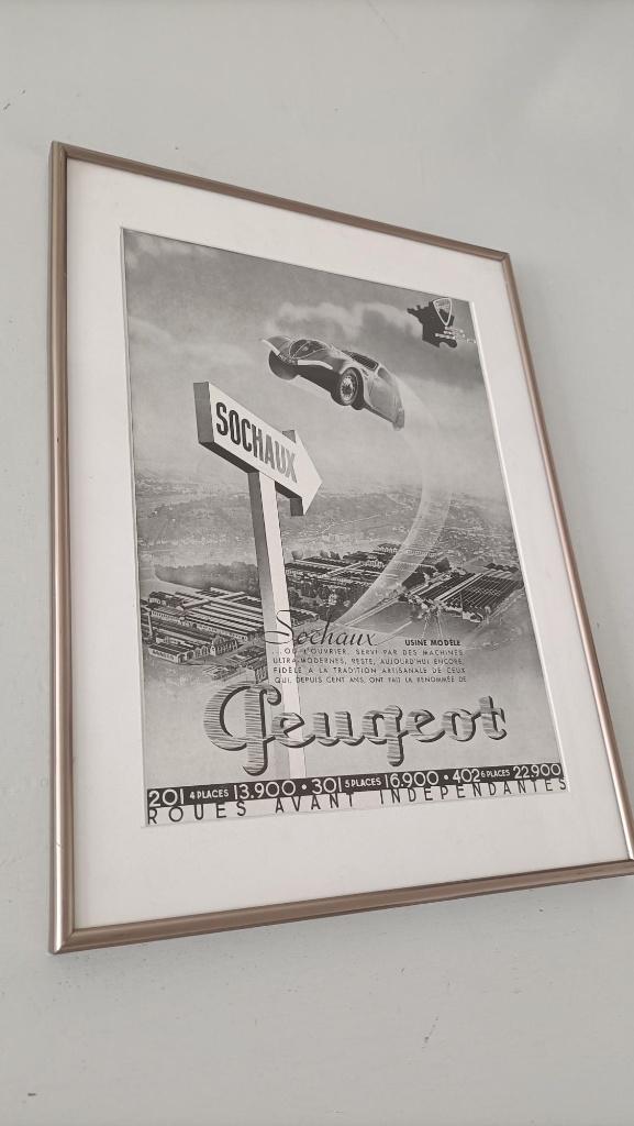 ingelijste Franse art deco advertentie, poster Peugeot 1936, Ophalen of Verzenden, Zo goed als nieuw, Auto's