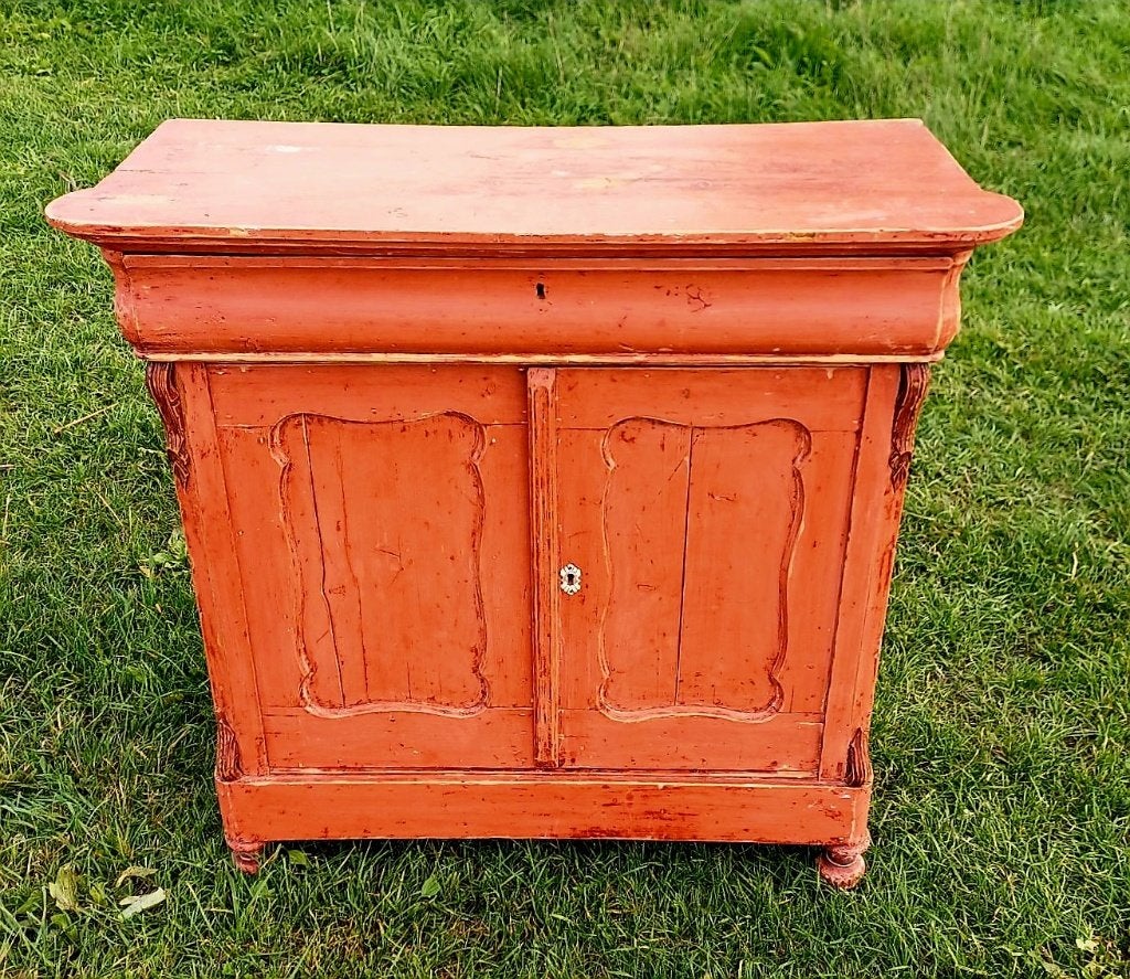 Antieke kast met lade en deuren - Oranje geverfd, Ophalen, Gebruikt, Met lade(s), 50 tot 100 cm