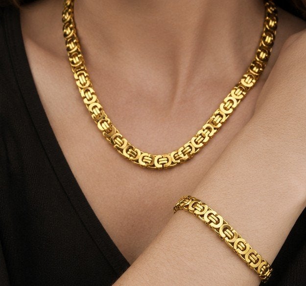 PRACHTIGE SET VERGULDE 18K BYZANTIJNSE SCHAKEL, Sieraden, Tassen en Uiterlijk, Ophalen of Verzenden, Nieuw, Goud, Overige materialen