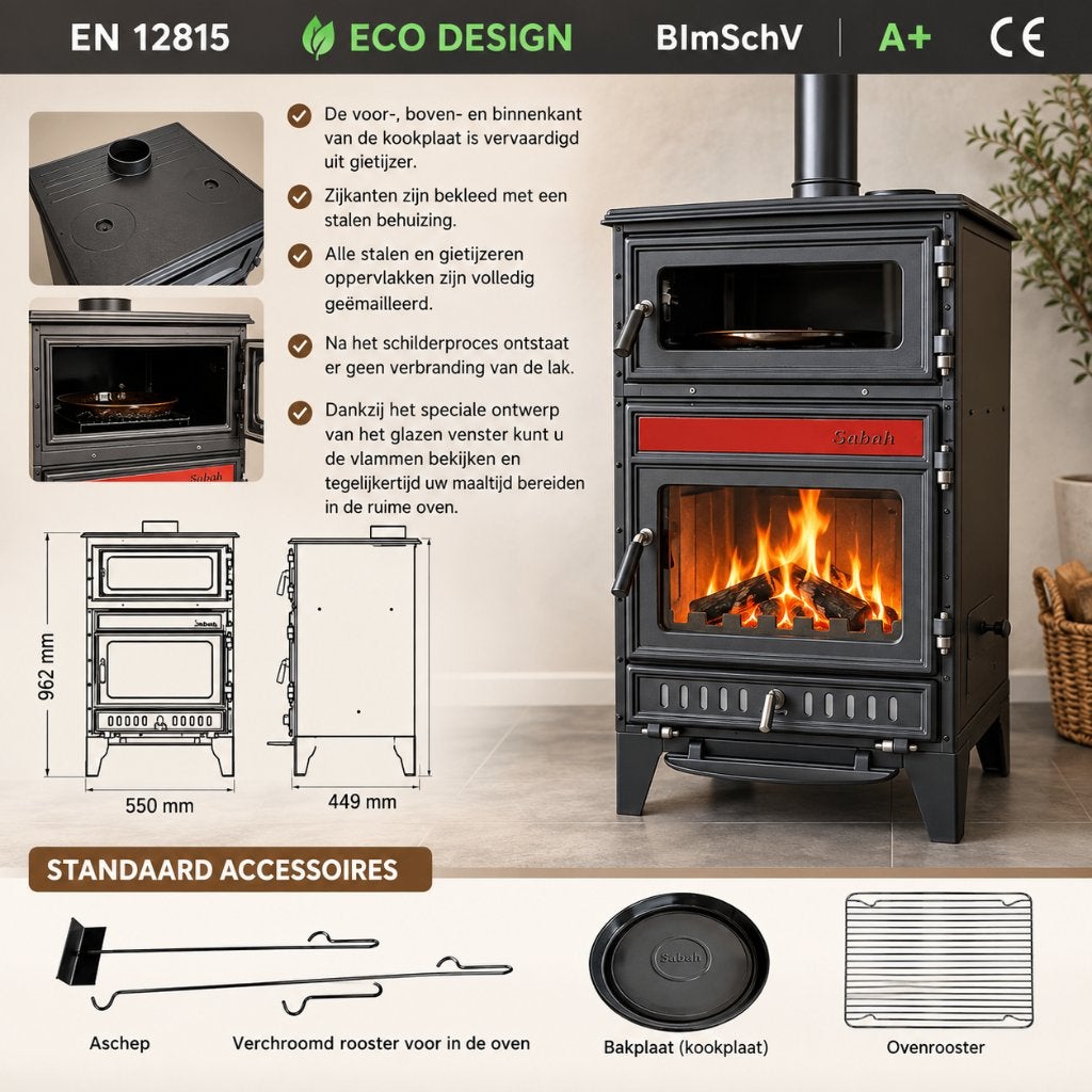 Sabah S107/3D - Houtkachel met Oven – Gietijzer - 16KW - CE, Ophalen, Vrijstaand, Hout, Nieuw