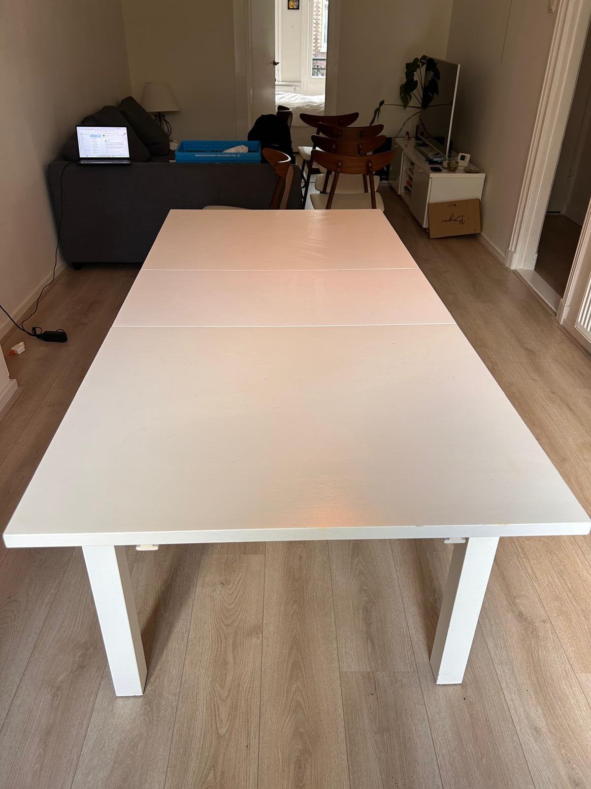 Witte uitschuifbare tafel, Huis en Inrichting, Ophalen, Gebruikt, 200 cm of meer, 50 tot 100 cm