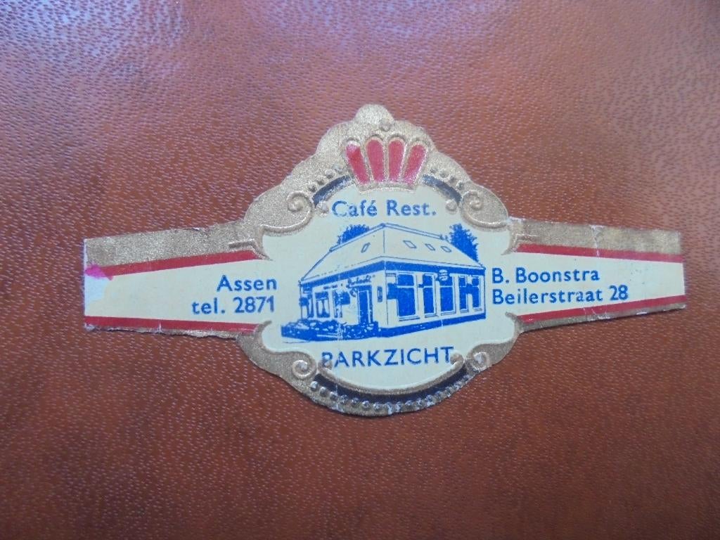 Oude sigarenband Café Parkzicht in ASSEN B. Boonstra, Verzamelen, Ophalen of Verzenden, Zo goed als nieuw, Sigarenbandjes