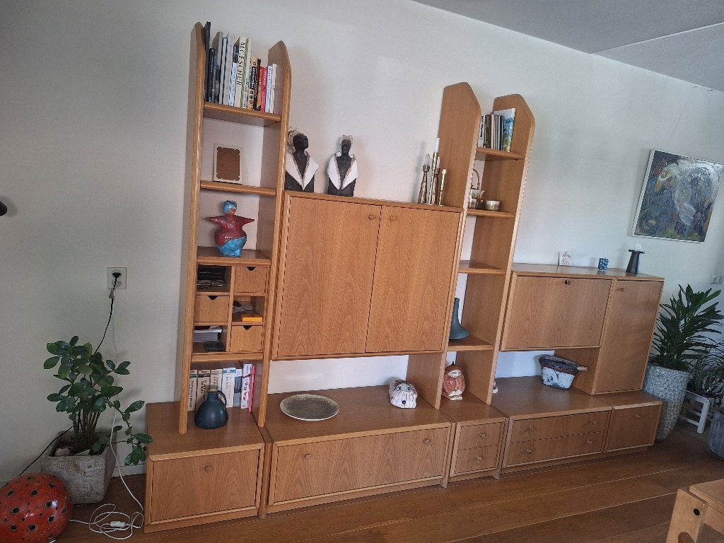 Moderne wandmeubel/boekenkast van eikenhout, Huis en Inrichting, Kasten | Wandmeubels, Ophalen, Gebruikt, Met deur(en), 200 cm of meer