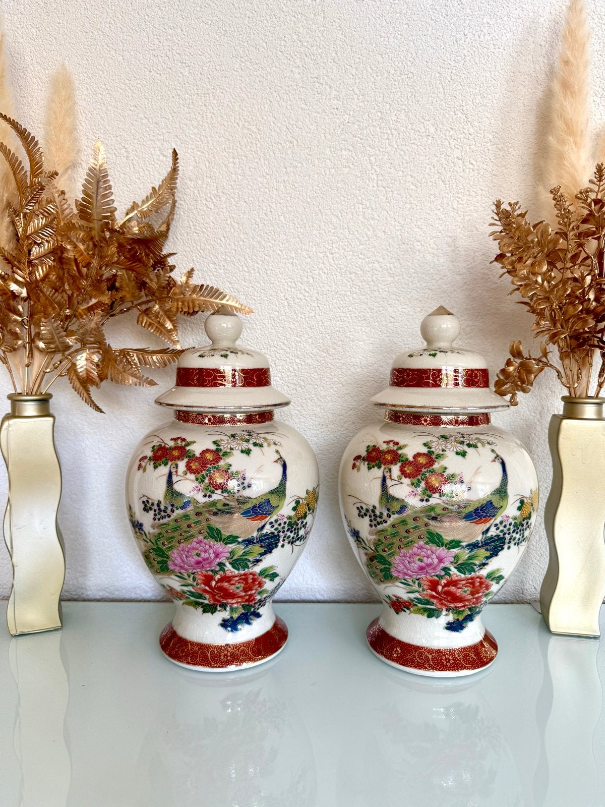 Set Satsuma Stijl Deksel Vazen met Pauwen en Bloemen, Ophalen of Verzenden