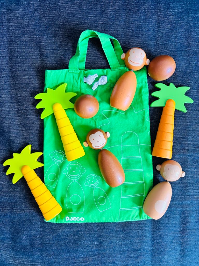 DJECO Houten Bowling 3 Apen 3 Palmbomen 2 Kokosnoten + Tasje, Kinderen en Baby's, Speelgoed | Educatief en Creatief, Ophalen of Verzenden