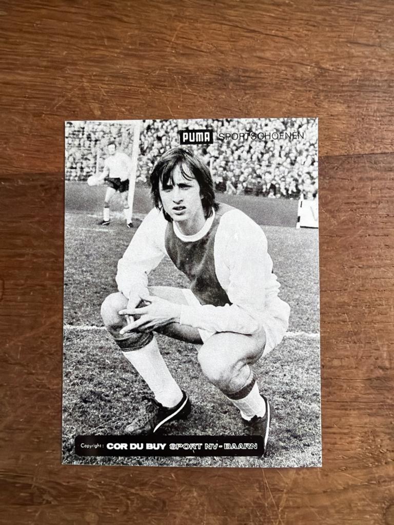 Vintage Johan Cruijff Puma Sportschoenen kaart, Ophalen of Verzenden, Gebruikt, Ajax, Poster, Plaatje of Sticker