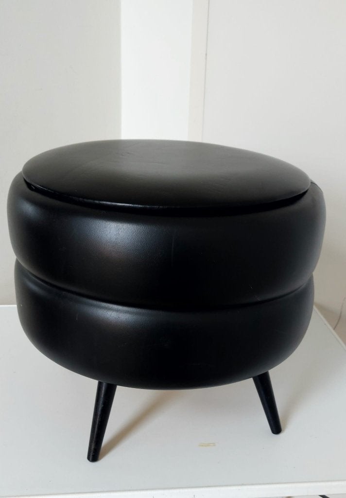 Prachtige Vintage Skai Poef Opberg ruimte Retro Naaipoef box, Hout, Eu, Minder dan 50 cm, Ophalen of Verzenden