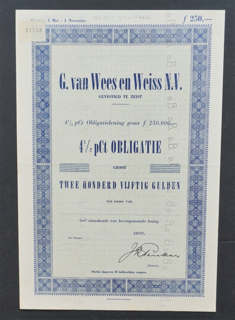 G.van Weiss en Weiss-Zeist (Broedergemeente de Hernhutters), Verzenden, 1950 tot 1970, Obligatie of Lening