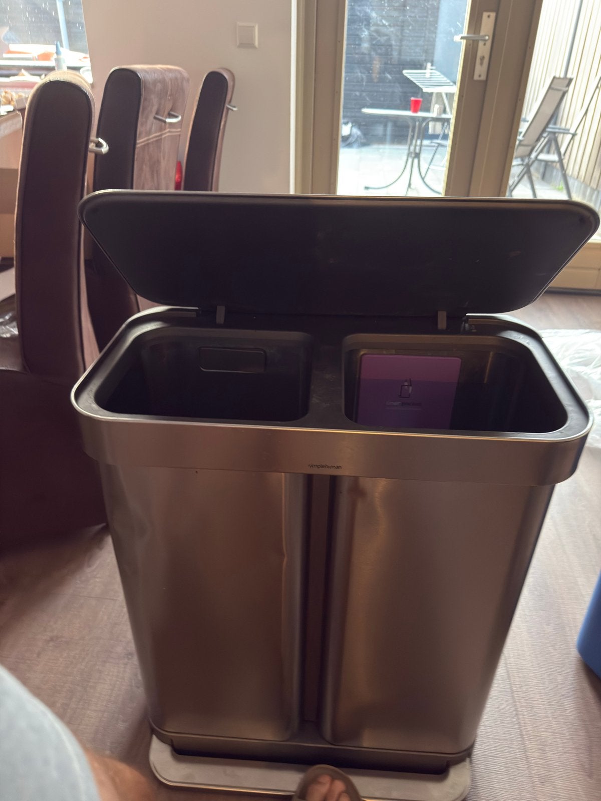 Simplehuman RVS prullenbak met pedaal en 2 vakken, Ophalen, Zo goed als nieuw, Rvs, Met pedaal