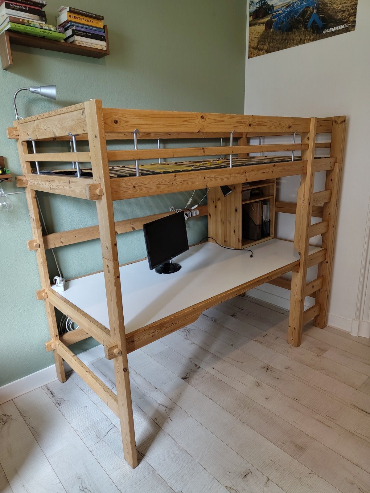 LifeTime hoogslaper met bureau stevig grenenhout, Ophalen, Gebruikt, Eenpersoons, 200 cm