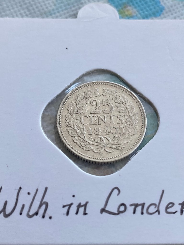 Zilveren 25 Cent Koningin Wilhelmina 1940, Zilver, 25 cent, Ophalen of Verzenden, Koningin Wilhelmina