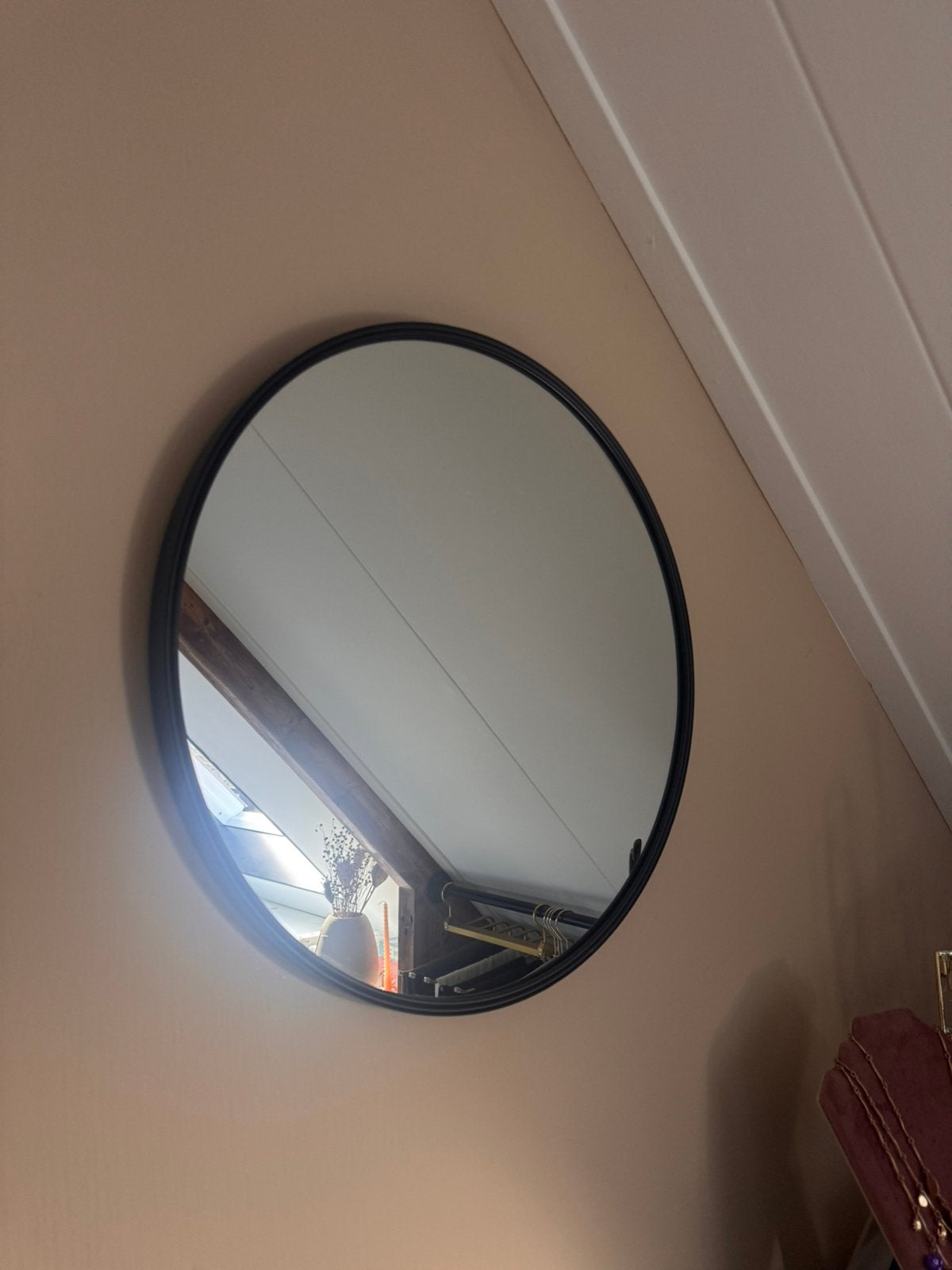 Zwarte ronde spiegel, Ophalen, Minder dan 50 cm, Rond, Zo goed als nieuw