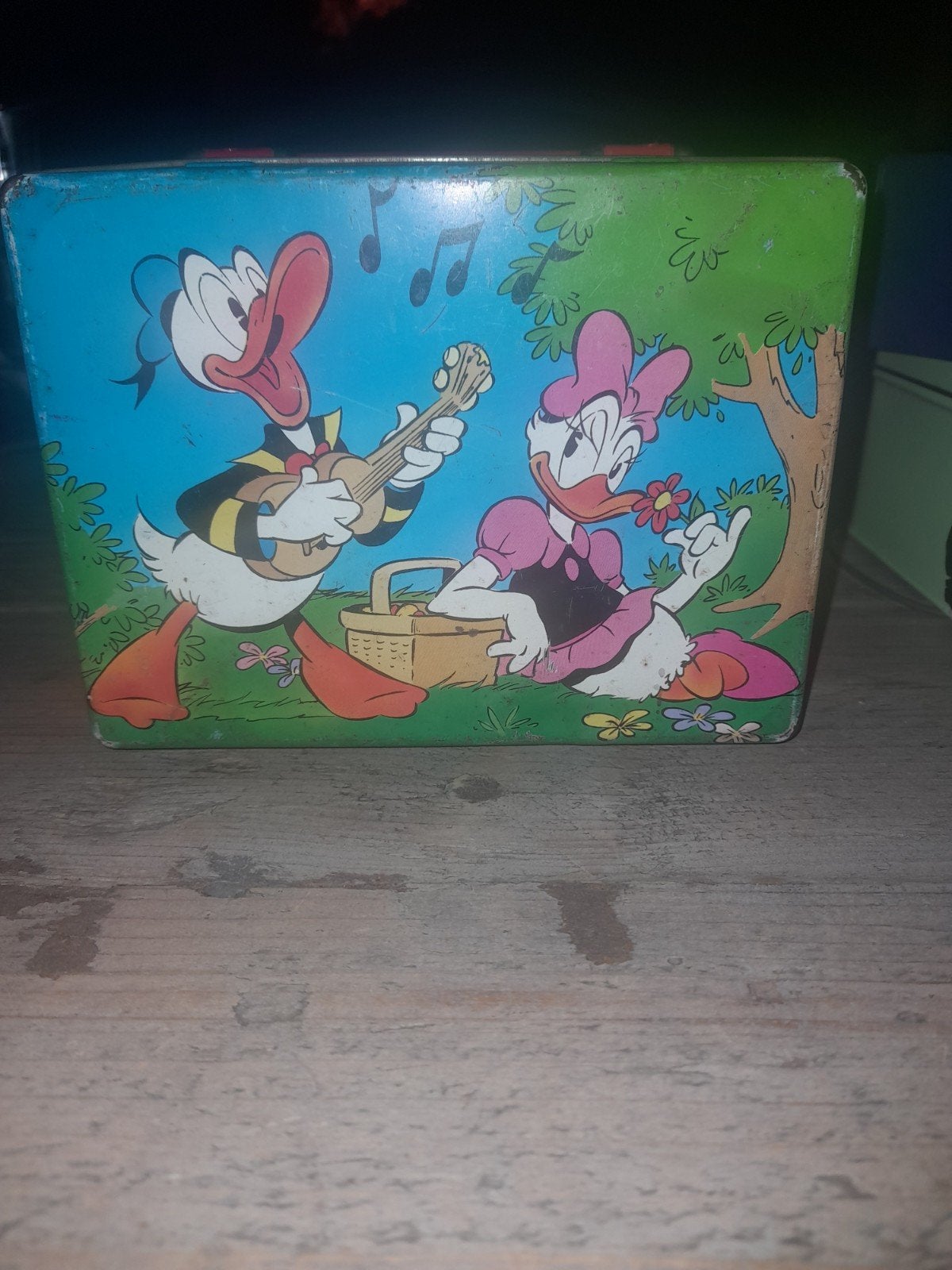 Vintage Disney Donald & Katrien Duck blikken trommel, Verzamelen, Ophalen of Verzenden, Donald Duck, Gebruikt, Overige typen