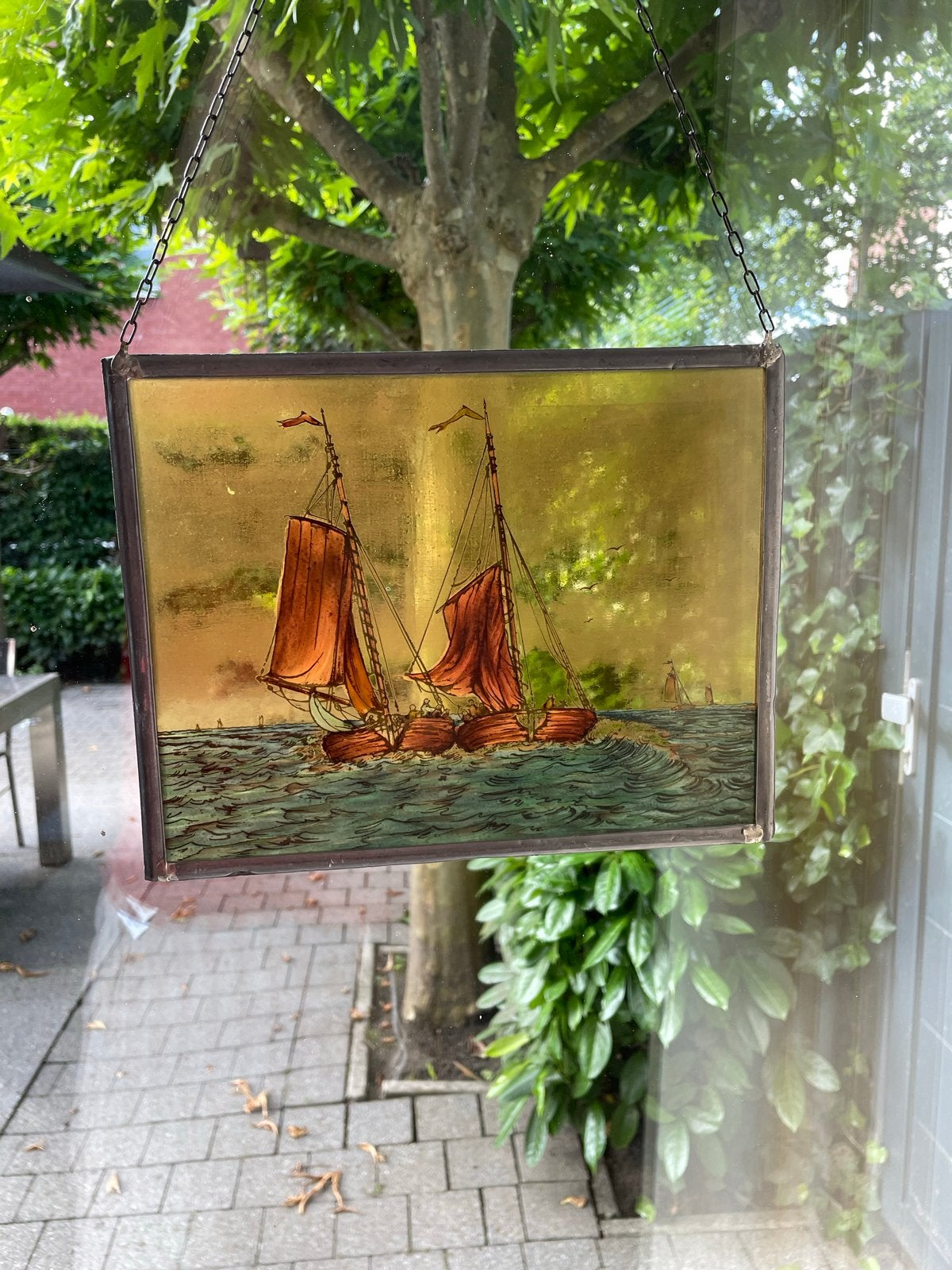 Glas in lood raamhanger met schepen, Antiek en Kunst, Antiek | Glas en Kristal, Ophalen