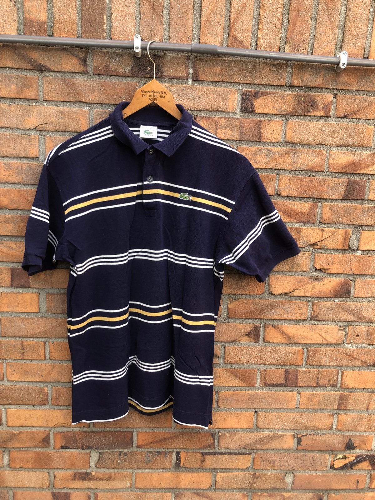 Vintage Lacoste Polo Shirt - Donkerblauw met strepen, Kleding | Heren, Polo's, Maat 52/54 (L), Blauw, Lacoste, Ophalen of Verzenden