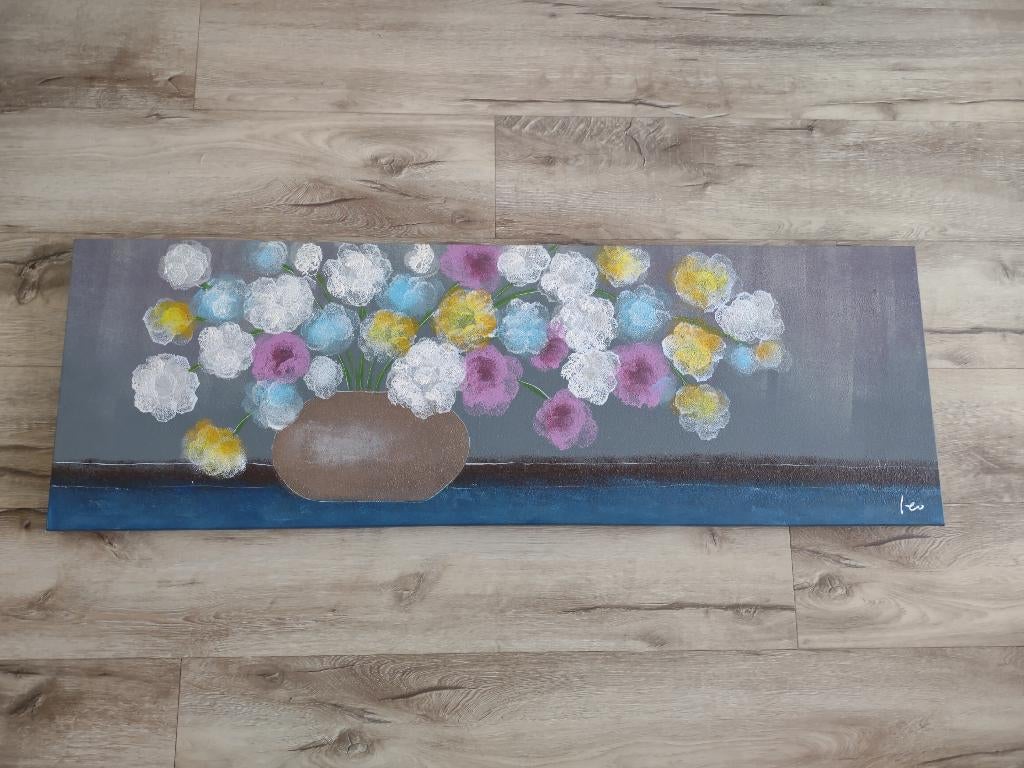Prachtig groot blauw canvas schilderij met bloemen IKEA., Onb, 125 cm of meer, Ophalen of Verzenden, Schilderij