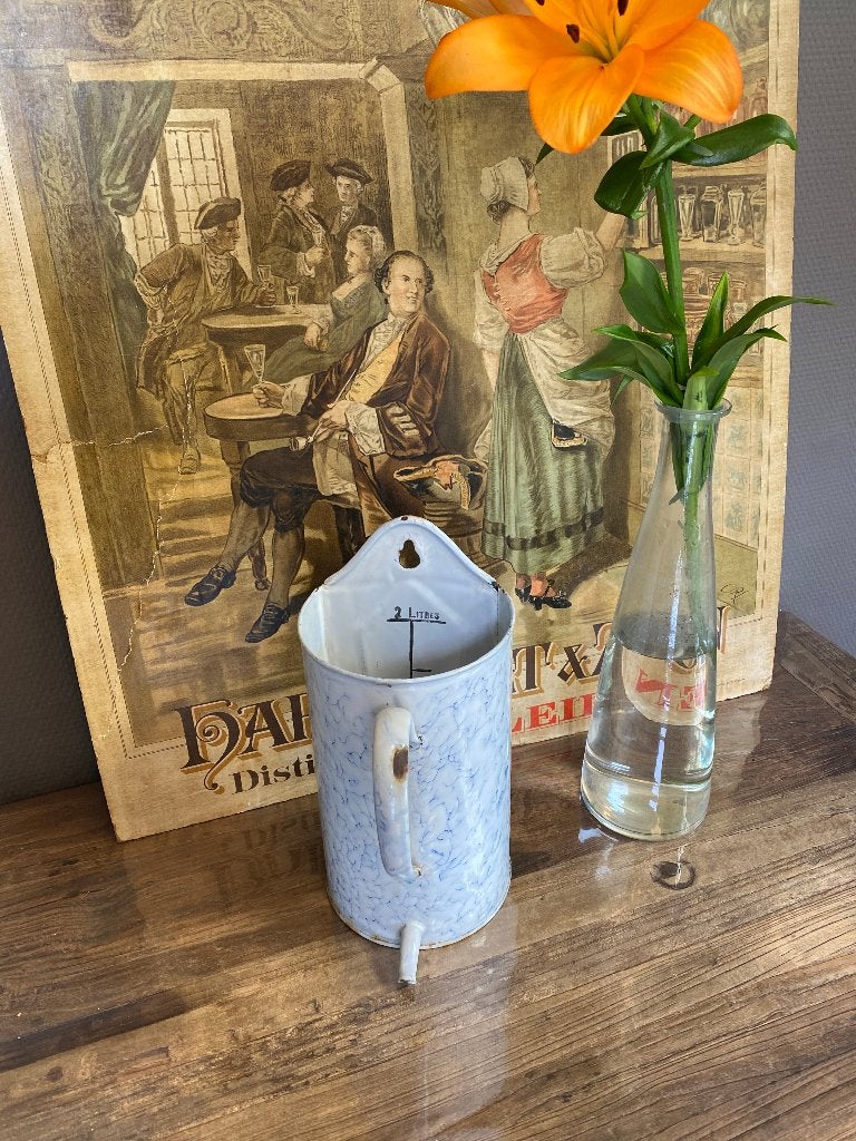 Brocante Franse emaille lavement 2 liter, blauw/wit gewolkt, Ophalen of Verzenden