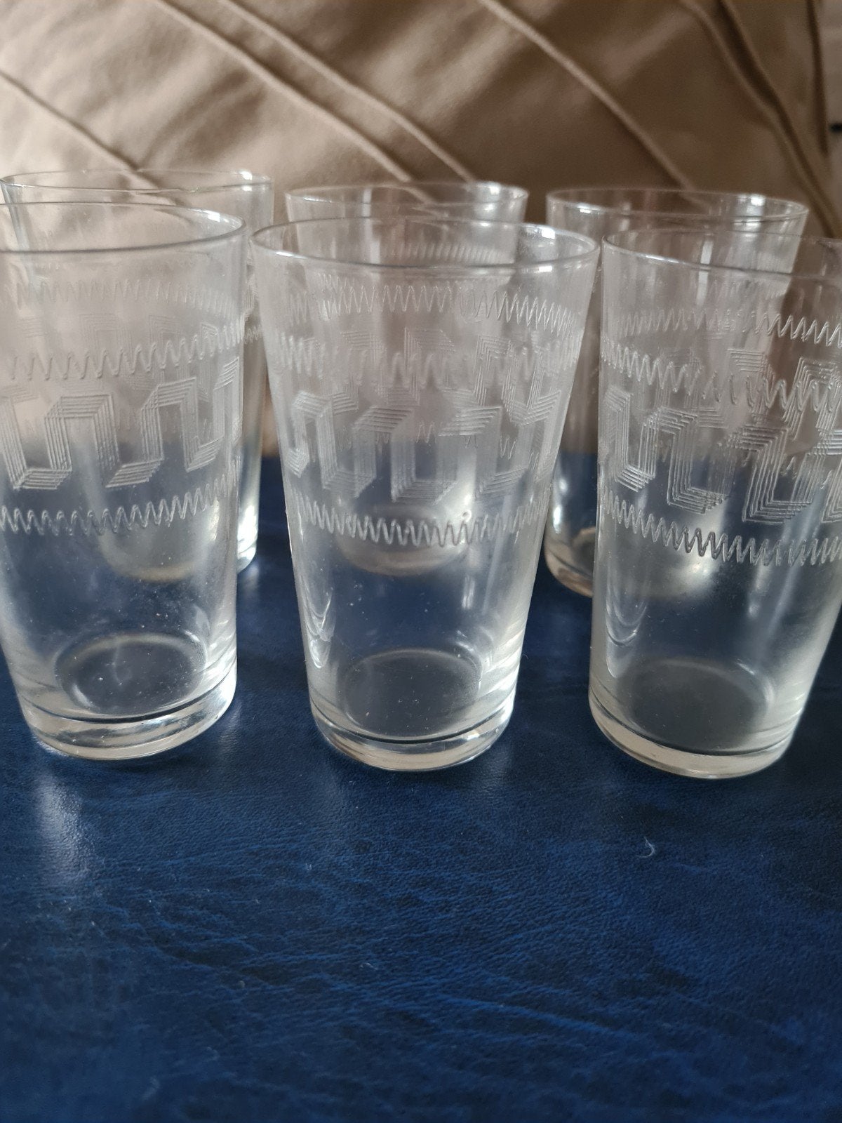 Set van 6 antieke glazen met Grieks patroon, Antiek en Kunst, Ophalen