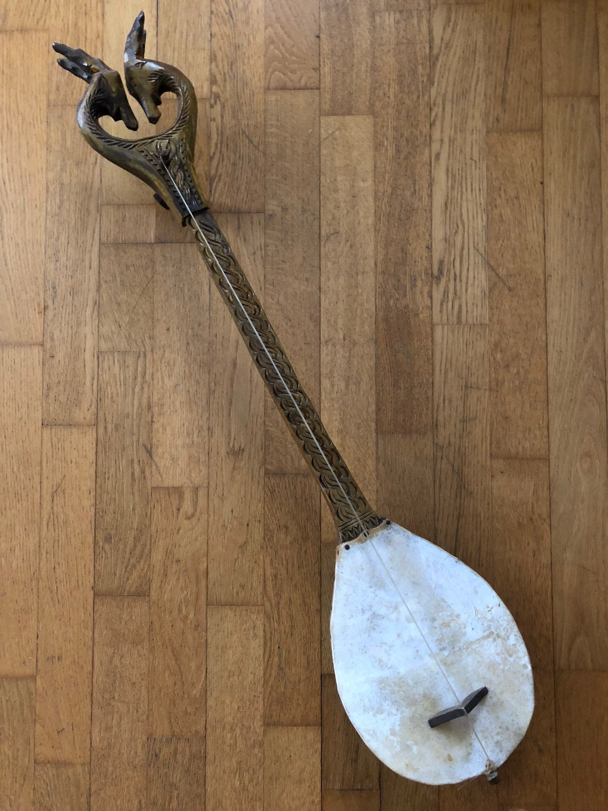Vintage goathead fiddle, gusle, gusla of shepherd violin, Ophalen