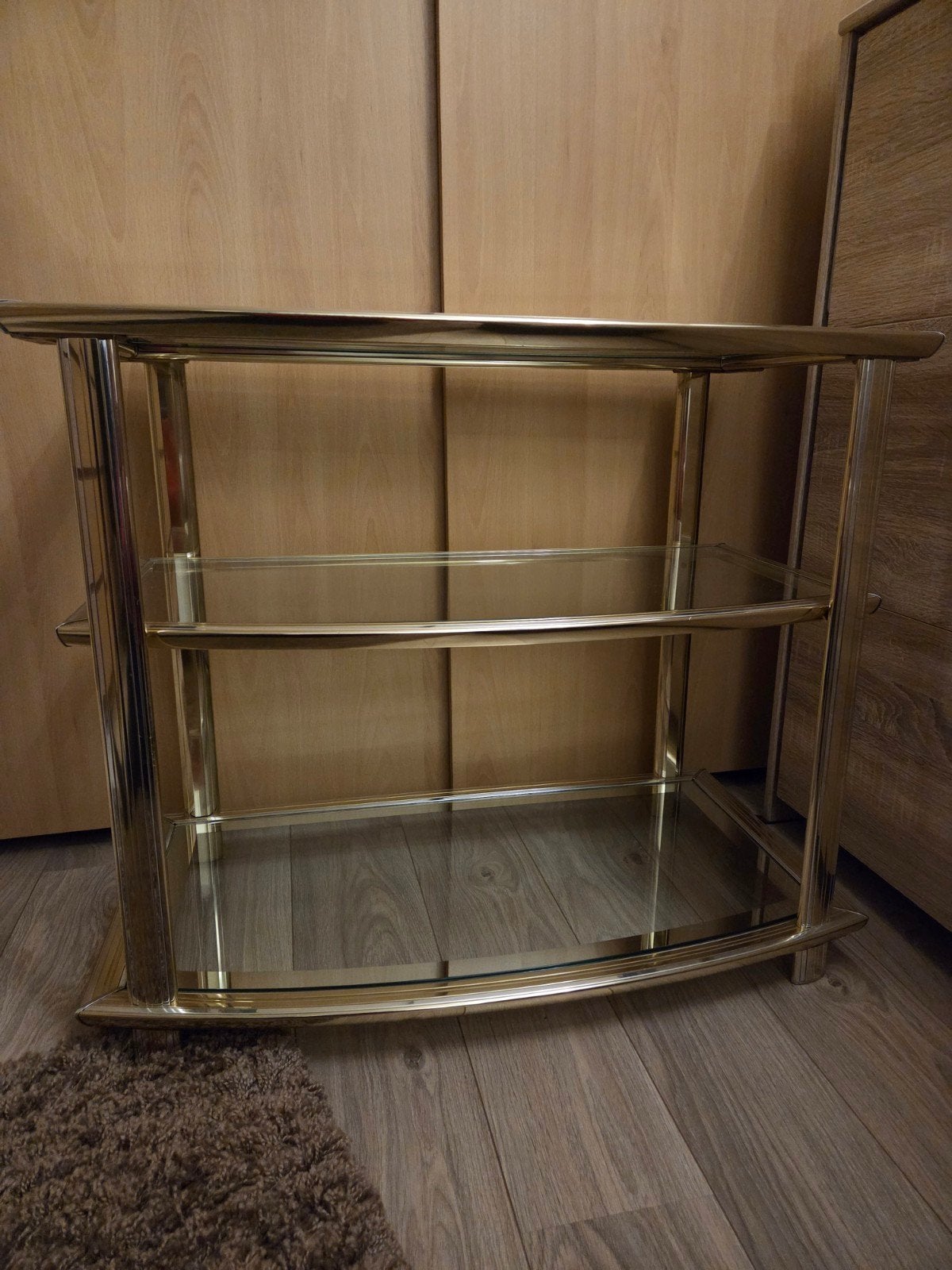 Glazen bijzettafel met gouden frame en wieltjes, Minder dan 55 cm, Overige vormen, Ophalen, 45 tot 60 cm