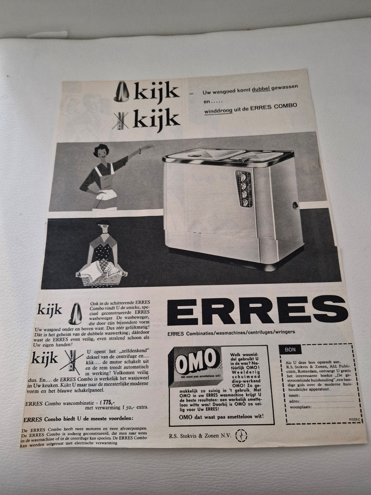 01 Vintage Erres Combo Wasmachine Advertentie (24x32 cm), Ophalen of Verzenden, Gebruikt