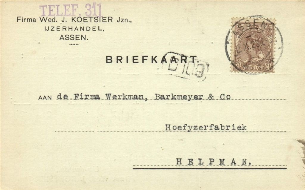 Firma Wed. J. Koetsier Jzn., IJzerhandel, Assen - 10.1923 -, Ophalen of Verzenden, Briefkaart