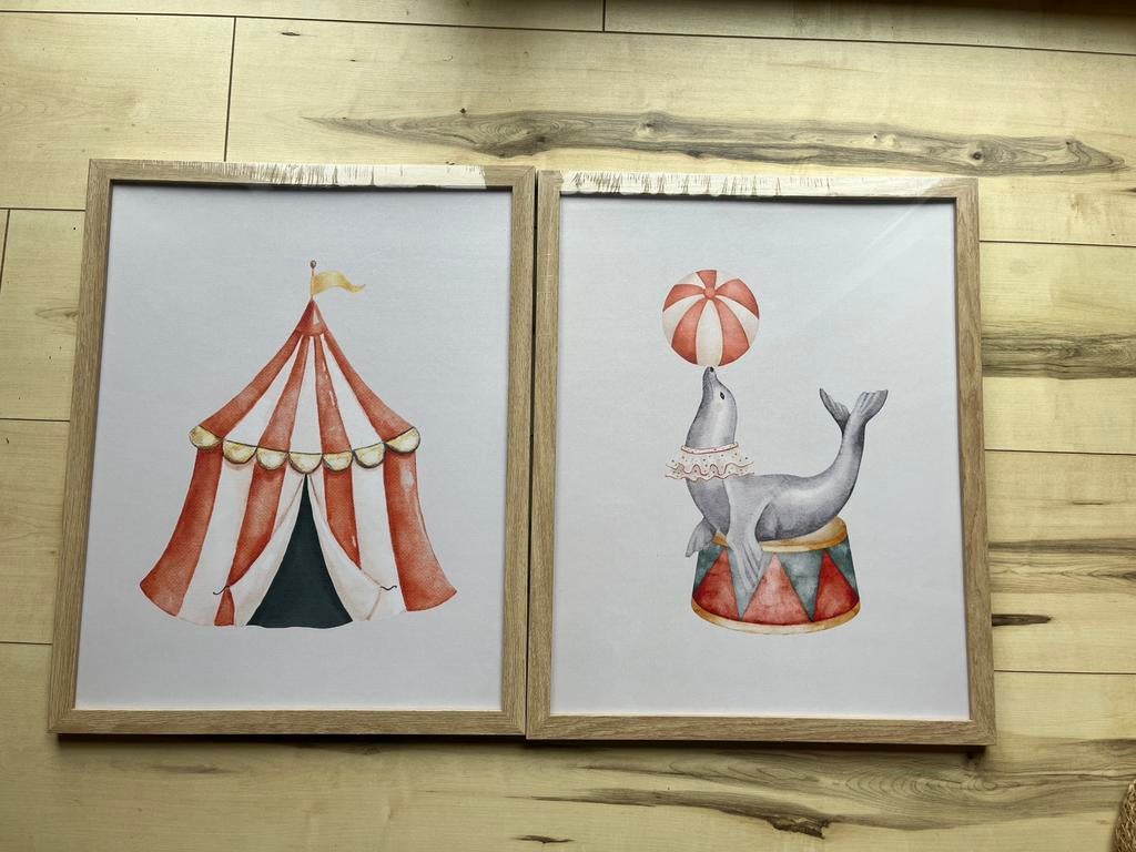 2 canvas lijsten schilderijen kinderkamer circus, Ophalen of Verzenden, Nieuw, Minder dan 50 cm, Schilderij