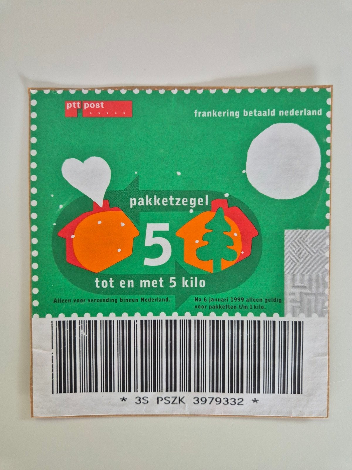 PTT Pakketzegel 5 kilo - Oude Postzegel, Ophalen of Verzenden, Na 1940, Gestempeld