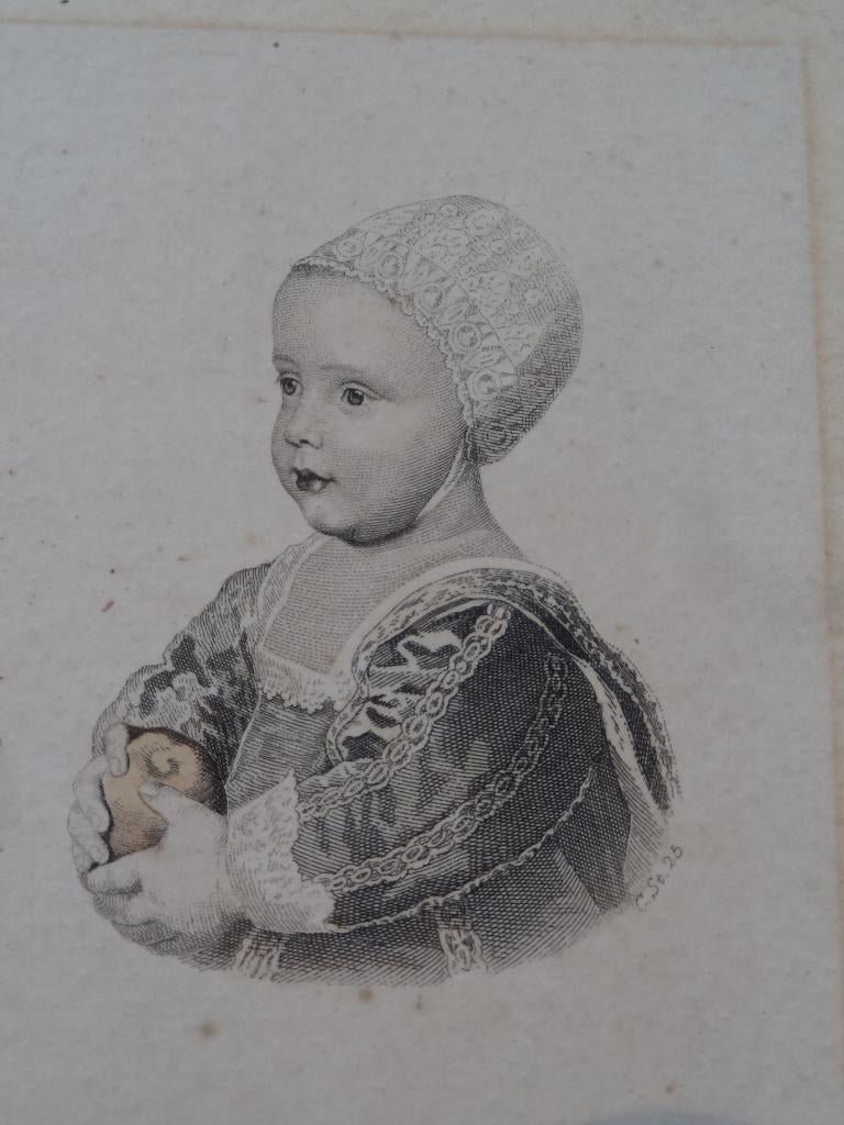 Gravure in kleur mode van drie kinderen uit 17e eeuw, Verzenden, Portret, 1600 - 1699, Gravure