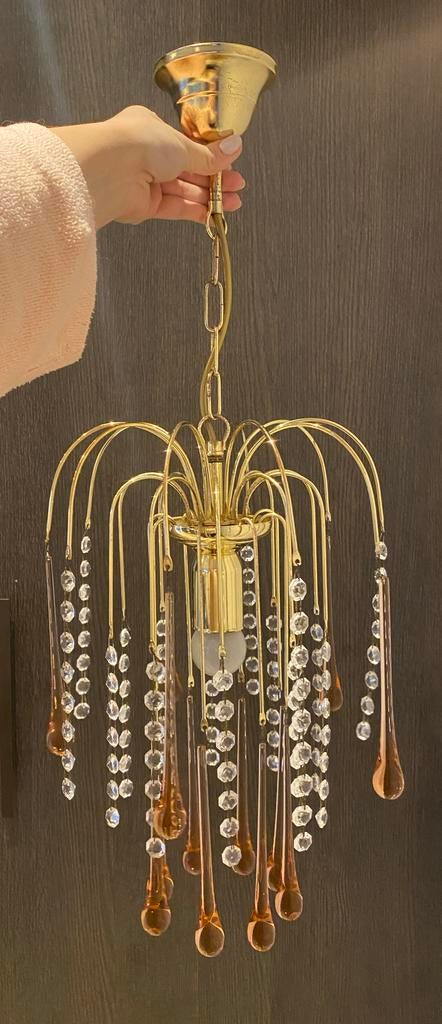 Vintage Murano Teardrop Kroonluchter Roze Goud, Huis en Inrichting, Lampen | Kroonluchters, Ophalen, Gebruikt, Glas