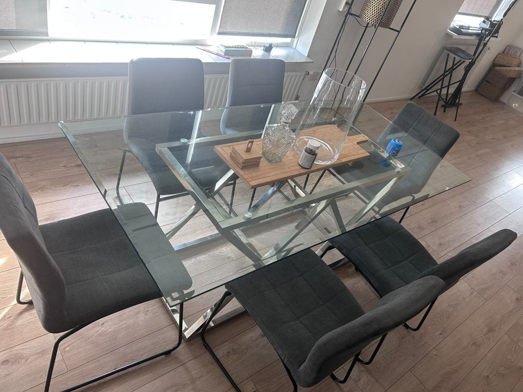 Complete eetkamerset + bijzettafe l/ tafels glas + 6 stoelen, Huis en Inrichting, Ophalen, Gebruikt, 100 tot 150 cm, 50 tot 100 cm