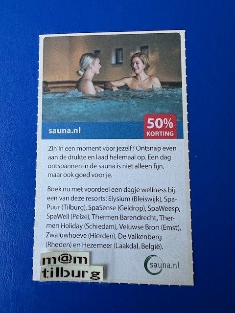 Sauna 50% korting tot 1-7-2027, Tickets en Kaartjes, Drie personen of meer, Kortingsbon, Spa of Sauna