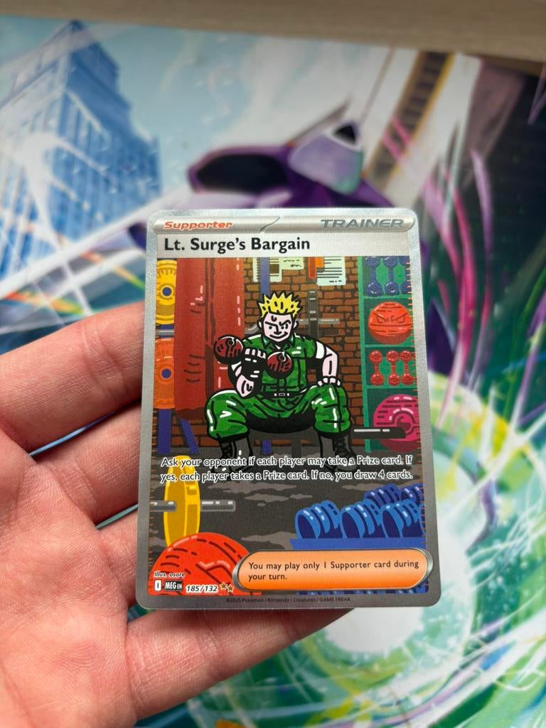 Lt. Surge’s Bargain MEG 185/132 Secret Rare Trainer Card, Ophalen of Verzenden, Foil