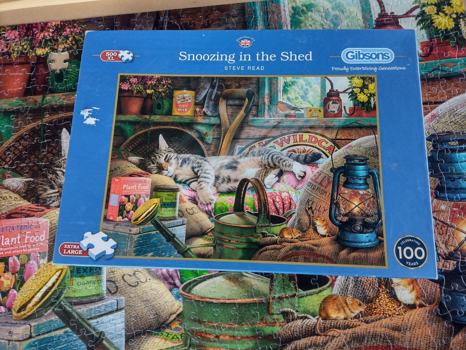 Gibsons snoozing in the shed Steve Read 500st XL puzzel, Ophalen of Verzenden, Minder dan 500 stukjes, Gebruikt, Legpuzzel