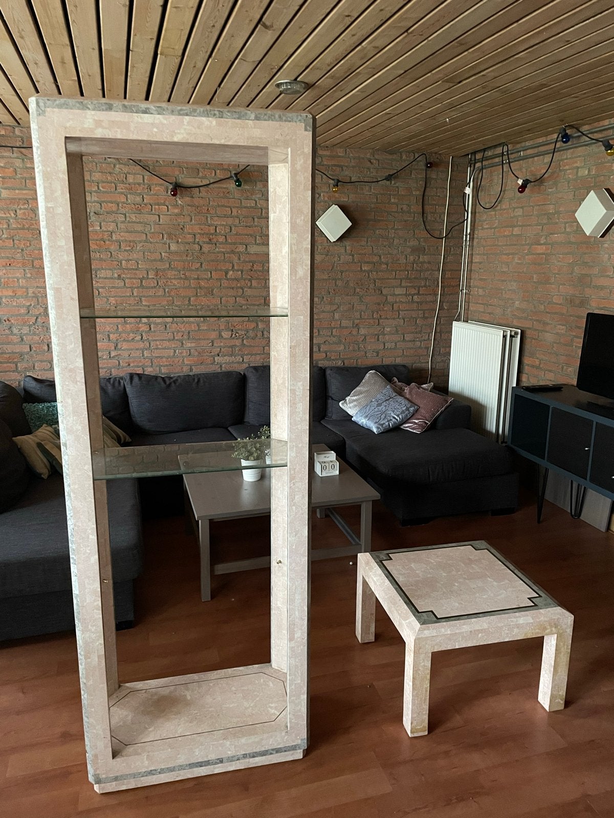Stijlvolle vitrinekast met salontafel - ingelegd marmer, Ophalen, Gebruikt, 200 cm of meer, 50 tot 100 cm
