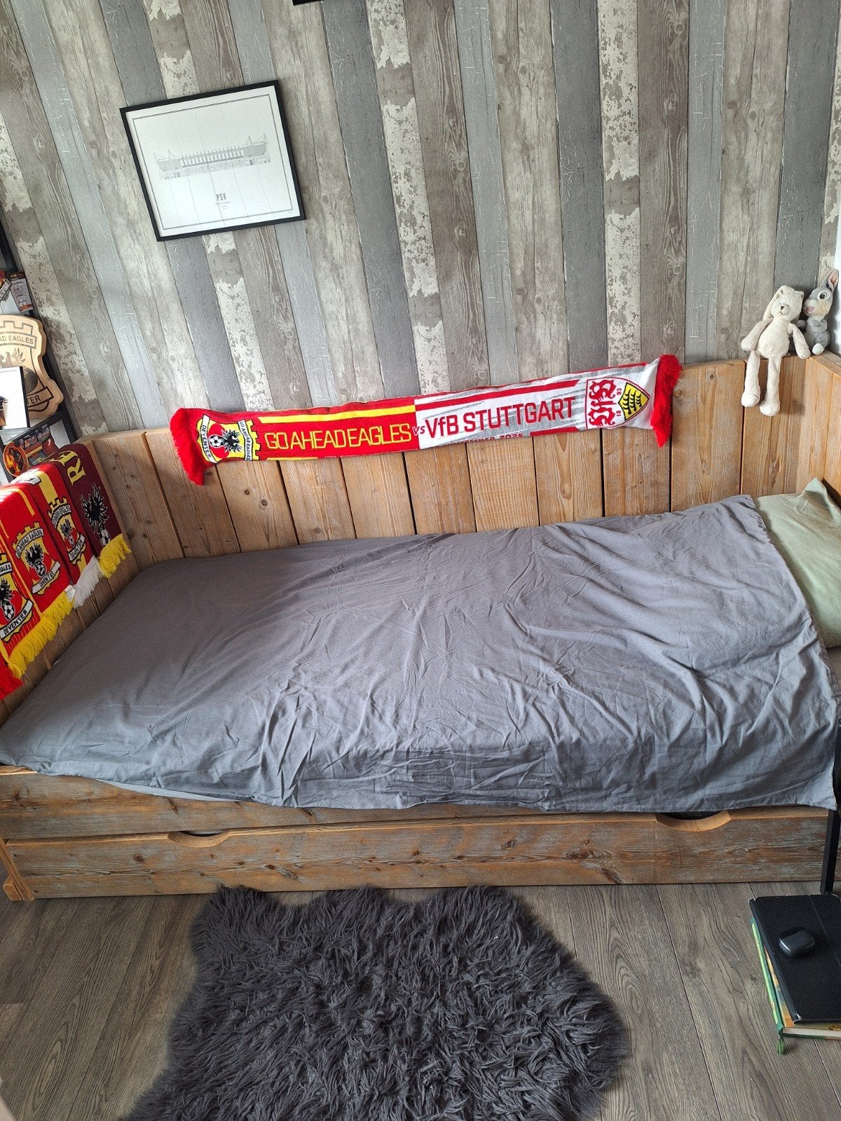 Mooi Steigerhouten bed/bank met onderschuiflade, Ophalen, Eenpersoons, 200 cm, 90 cm