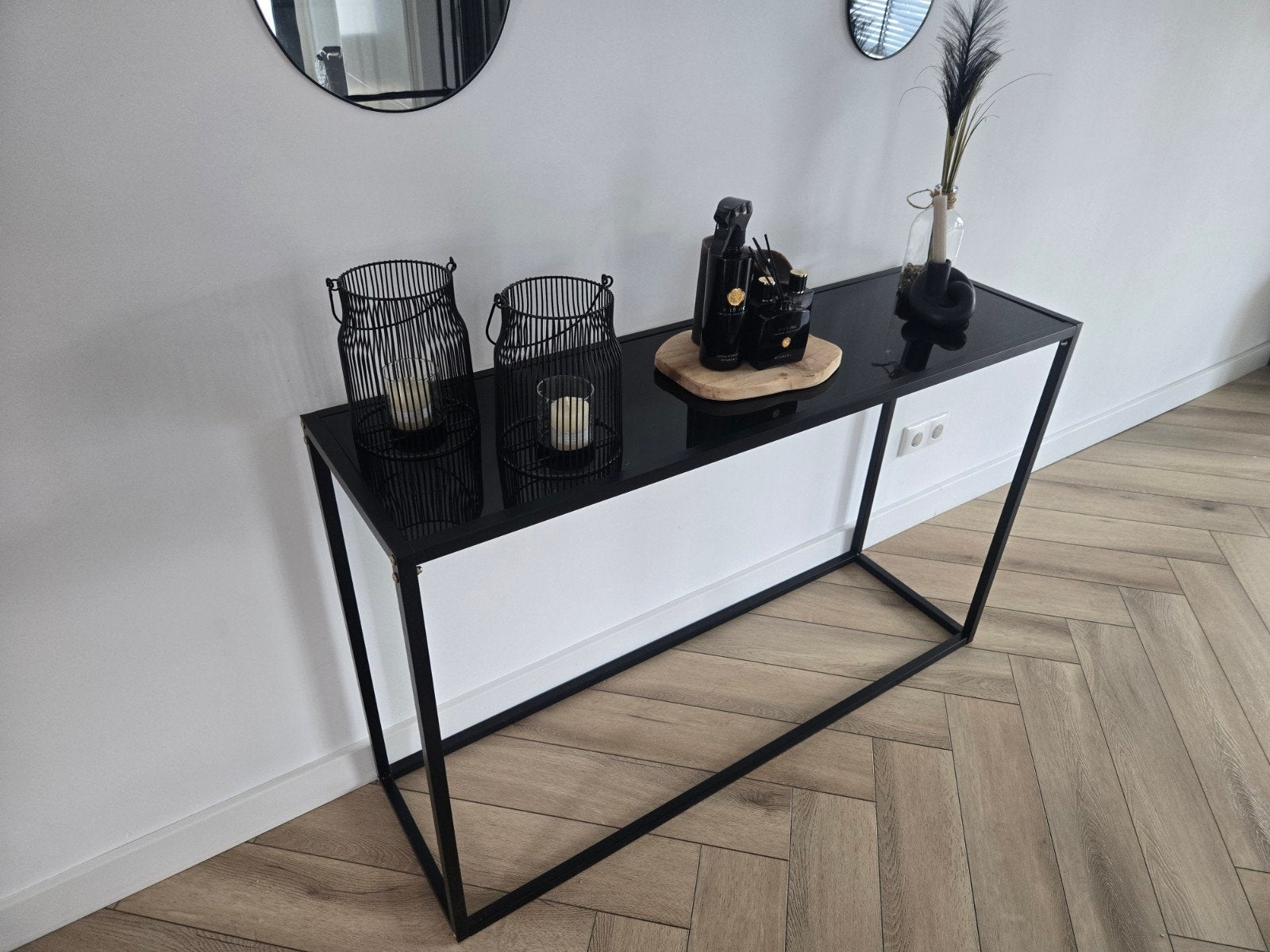 Laatste kans! Moderne zwarte wandtafel met glazen blad, Ophalen, 100 tot 150 cm, Modern, Industrieel, Zo goed als nieuw
