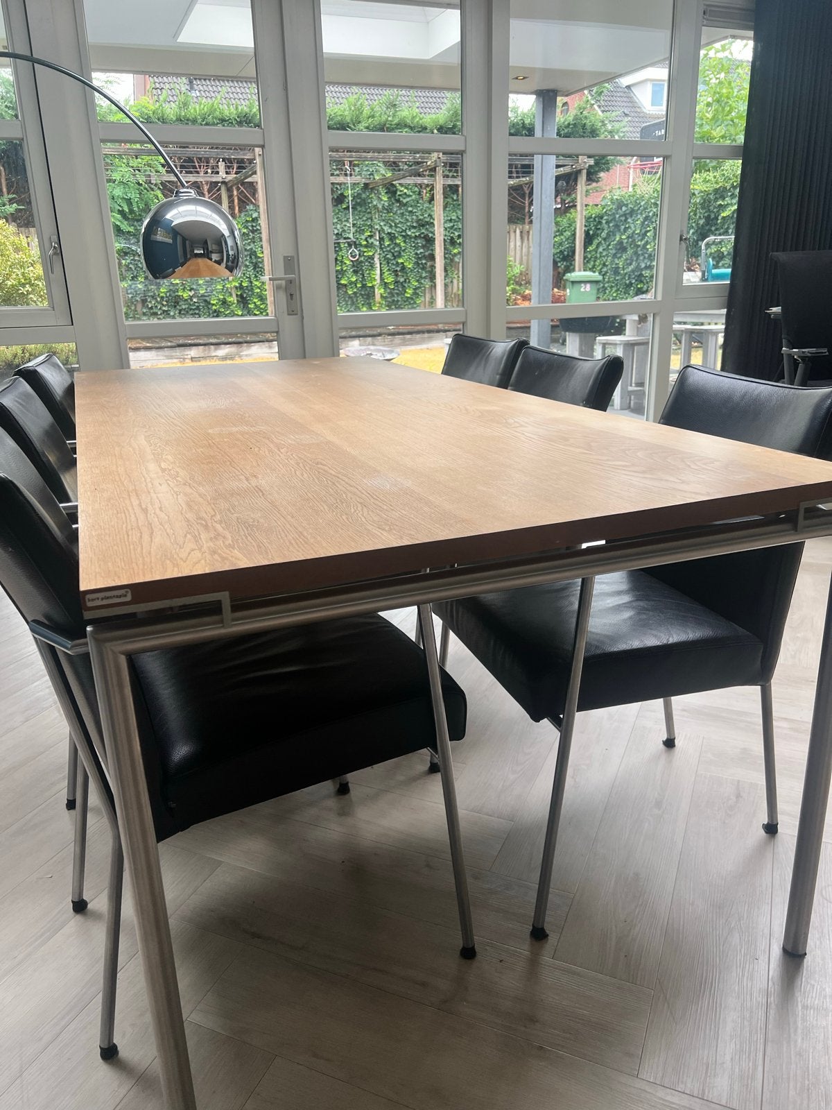 Bert Plantagie eettafel met Nova Styl lederen stoelen, Ophalen, Gebruikt, 100 tot 150 cm, 200 cm of meer