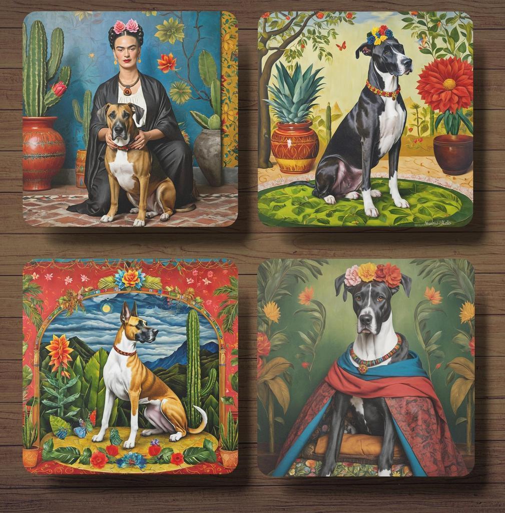 Duitse Dog Frida Kahlo onderzetters met houder, Ophalen of Verzenden, Nieuw, Glas of Kopje
