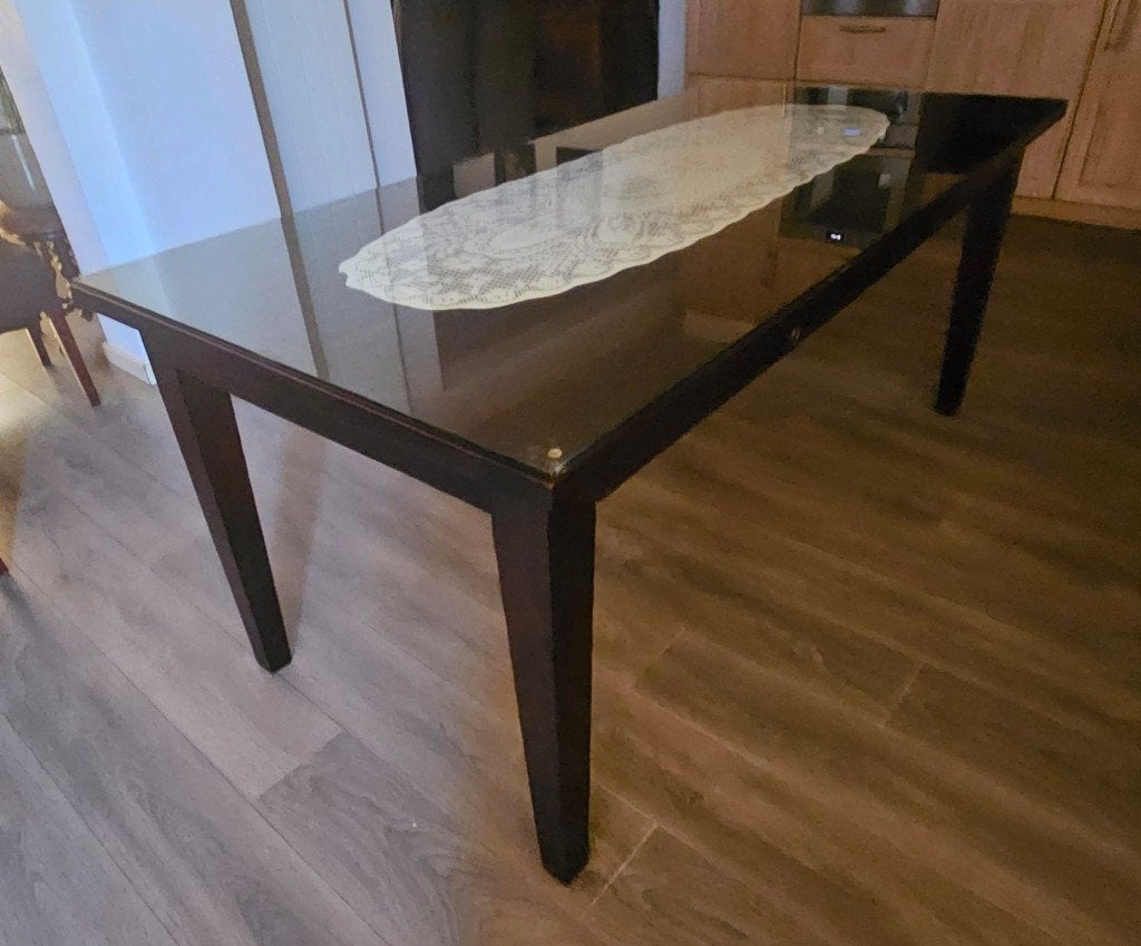 Donker bruine eettafel met glasplaat, Ophalen, Gebruikt, Teakhout, 50 tot 100 cm