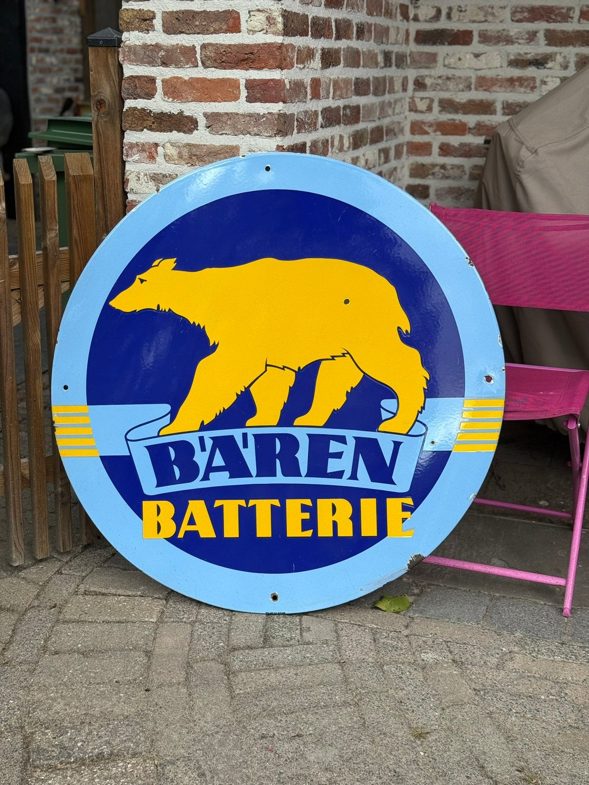 1950s Emaillebord B’A’REN BATTERIE (97 cm Diam.), Verzamelen, Merken en Reclamevoorwerpen, Ophalen, Zo goed als nieuw, Reclamebord