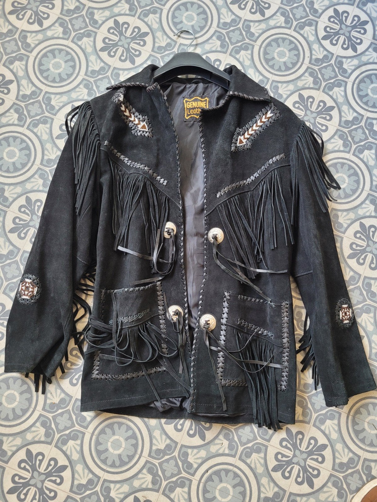 Vintage Zwart Suède Franje Jas - Westerse Stijl, Zwart, Genuine Leather, Gedragen, Ophalen