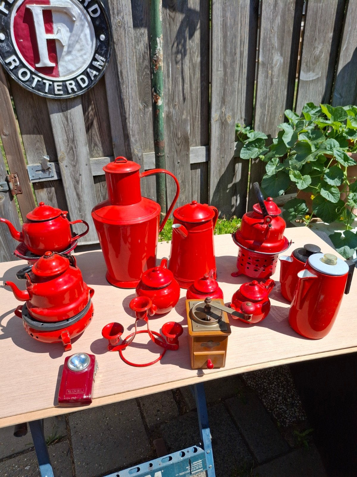 Grote collectie vintage rode emaille keukenspullen, Ophalen of Verzenden