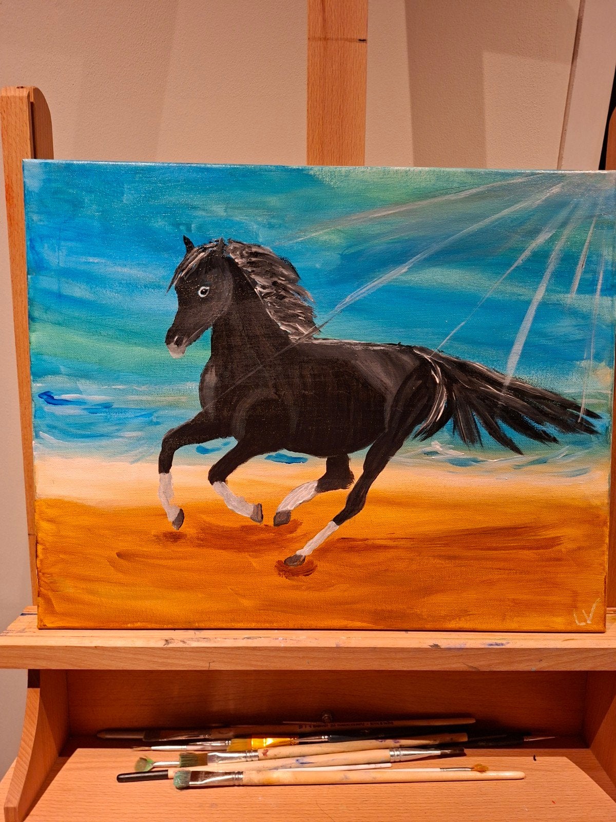 Schilderij: Galopperend Zwart Paard op Strand (40x50 cm), Ophalen of Verzenden