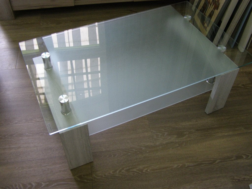 Glazen salontafel met houten onderstel, Ophalen, 100 tot 150 cm, 50 tot 100 cm, Zo goed als nieuw