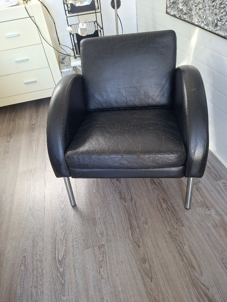 vintage leren fauteuil, Tsjecho-Slowakije 1970, Ophalen, Gebruikt, 50 tot 75 cm, Leer