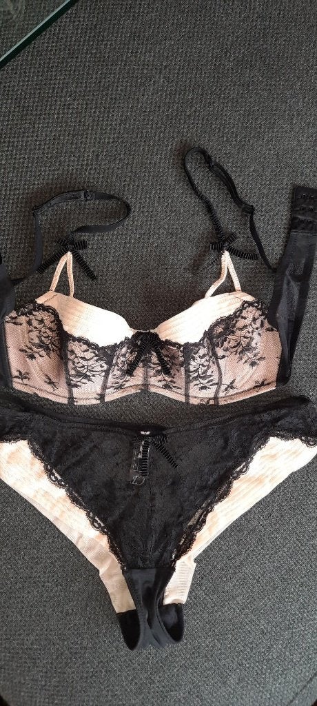 Lingerie bh slip set sexy 75b zwart beige, Verzenden, Zwart, Setje