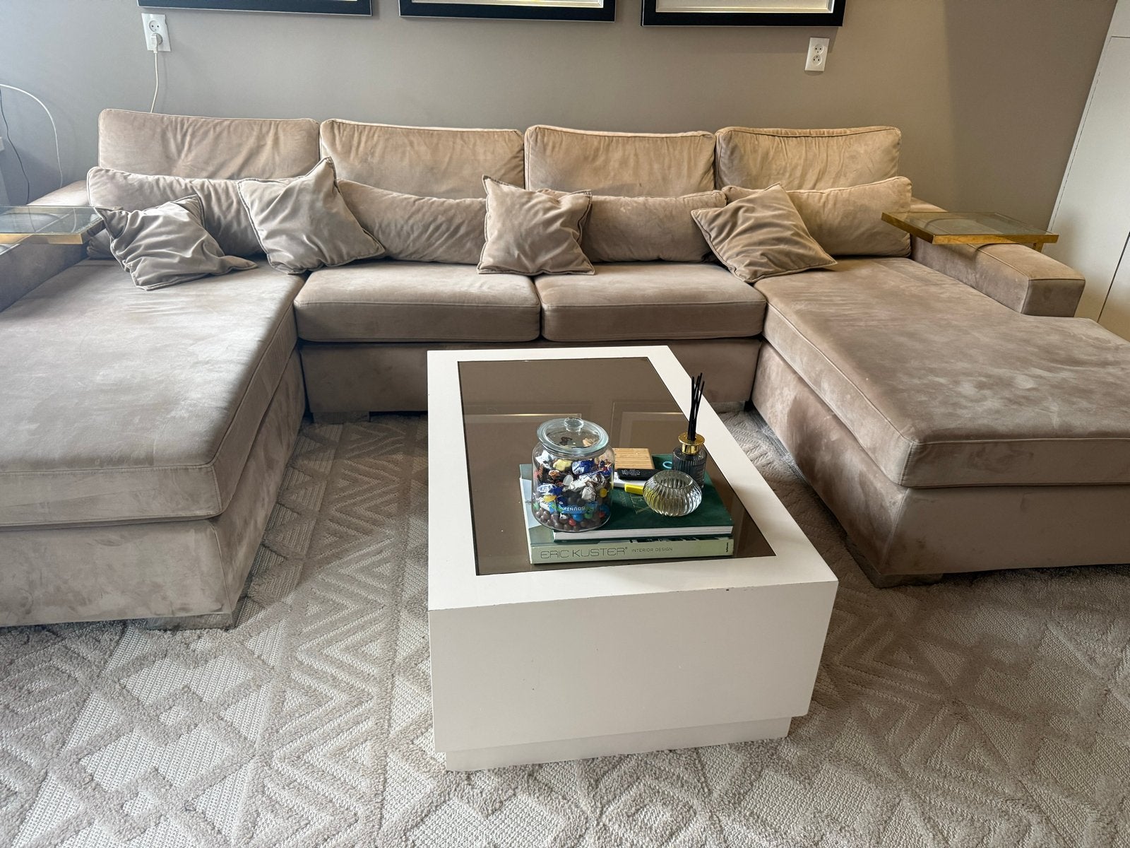 Grote beige U-vormige bank met chaise longues, Ophalen of Verzenden, Gebruikt, Stof